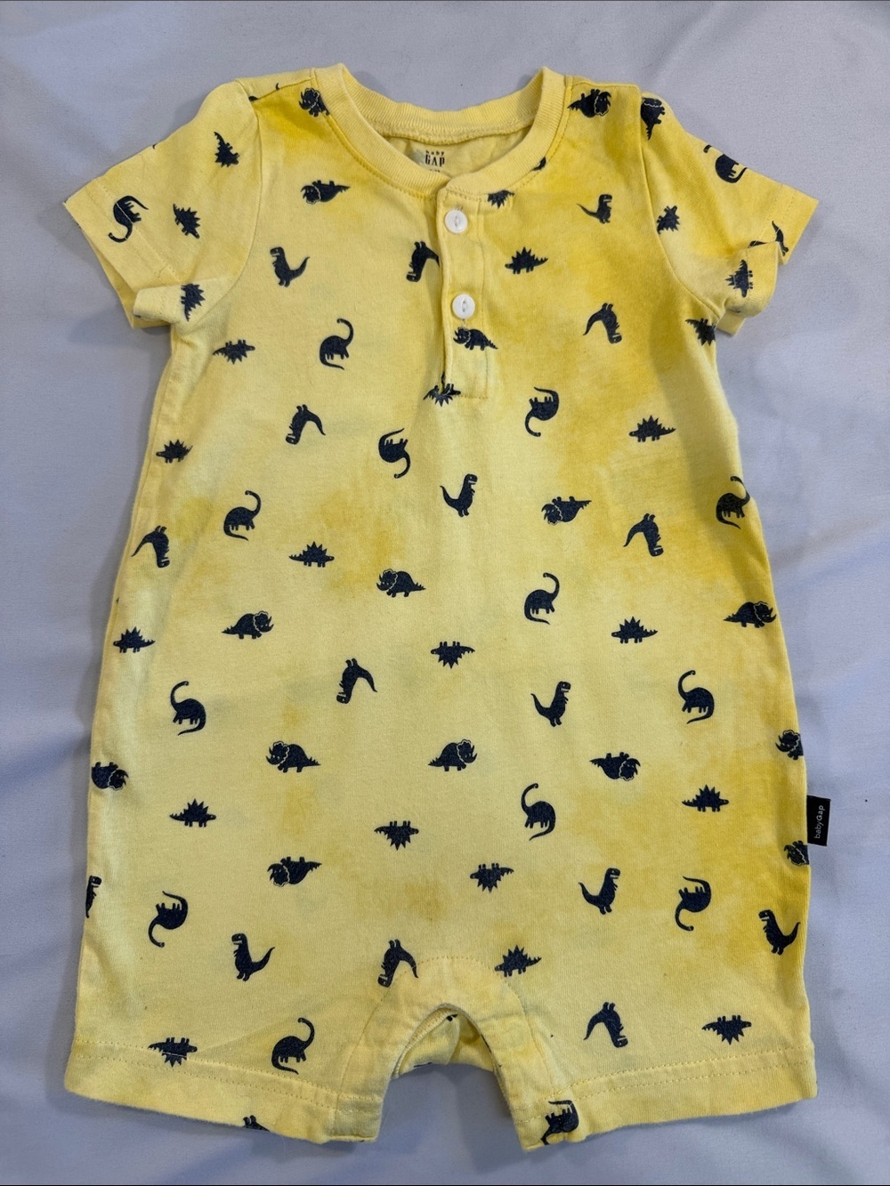 GAP Yellow Short-Sleeve Baby Romper with Navy Dino Print